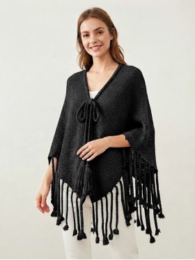 Cozy Poncho W/ Bow and Tassels